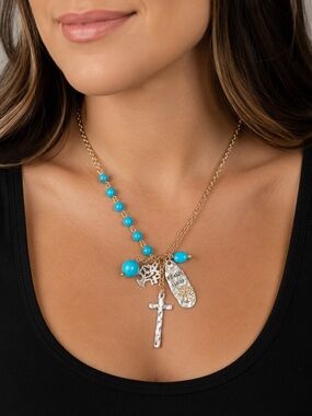 CRAVE Gold & Turquoise Tree of Life Cross Charm Necklace – Psalm 115:15